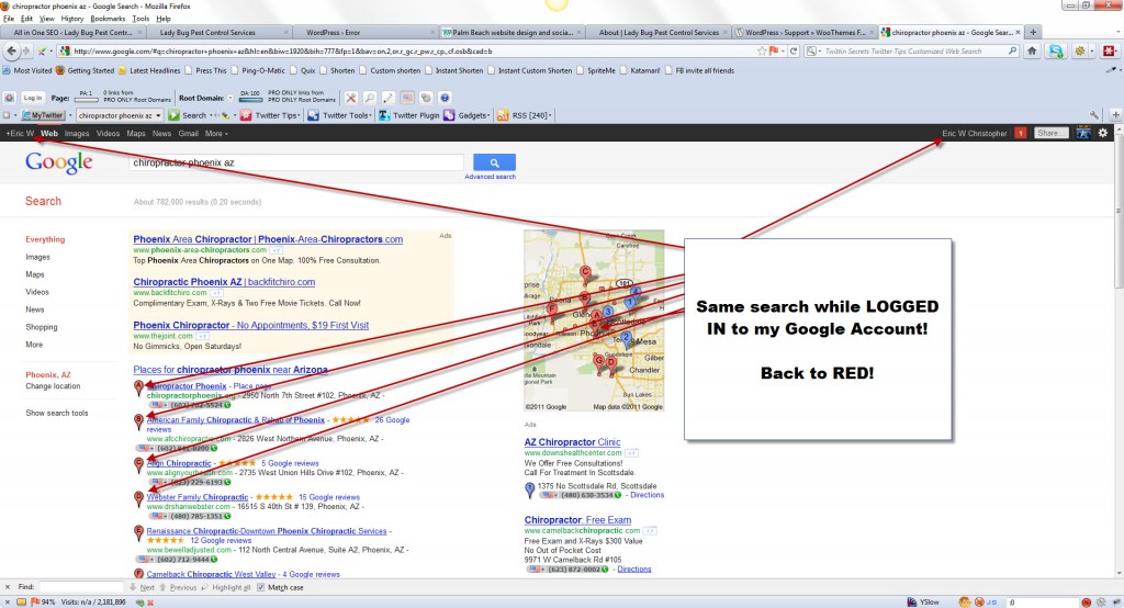 Image of Google Places listings showing red pins in Google SERPs while logged into Google account