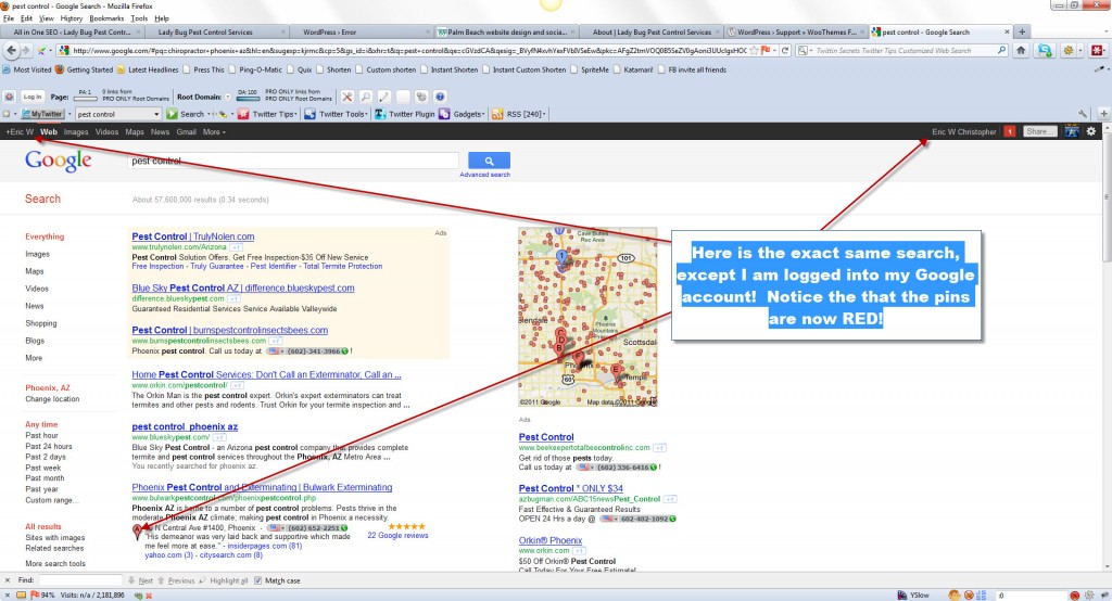 Image of Google Places listings while logged into Google Account, shows red pin.